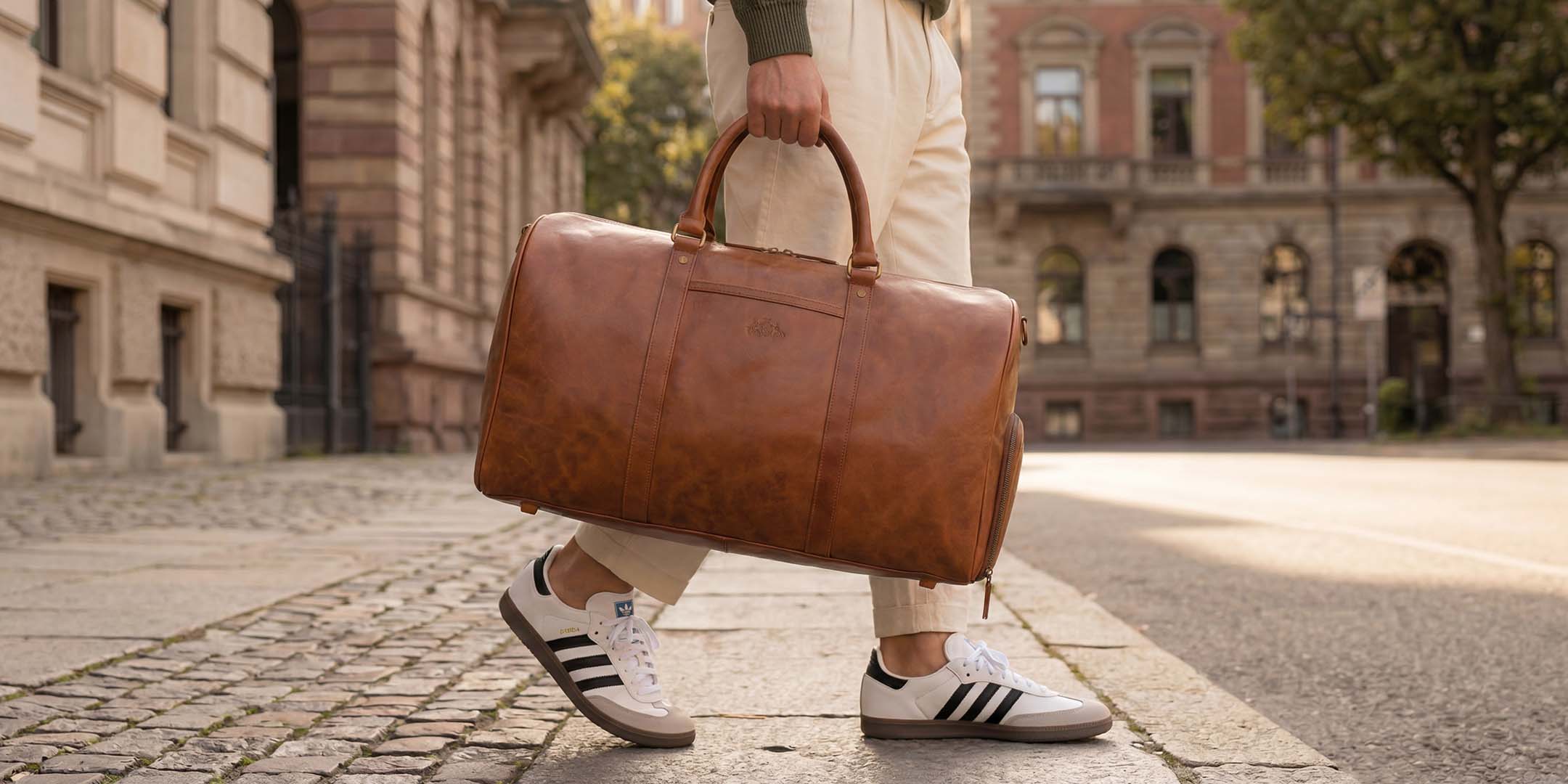 Reisetasche aus Leder in Hand von Mann in Wien
