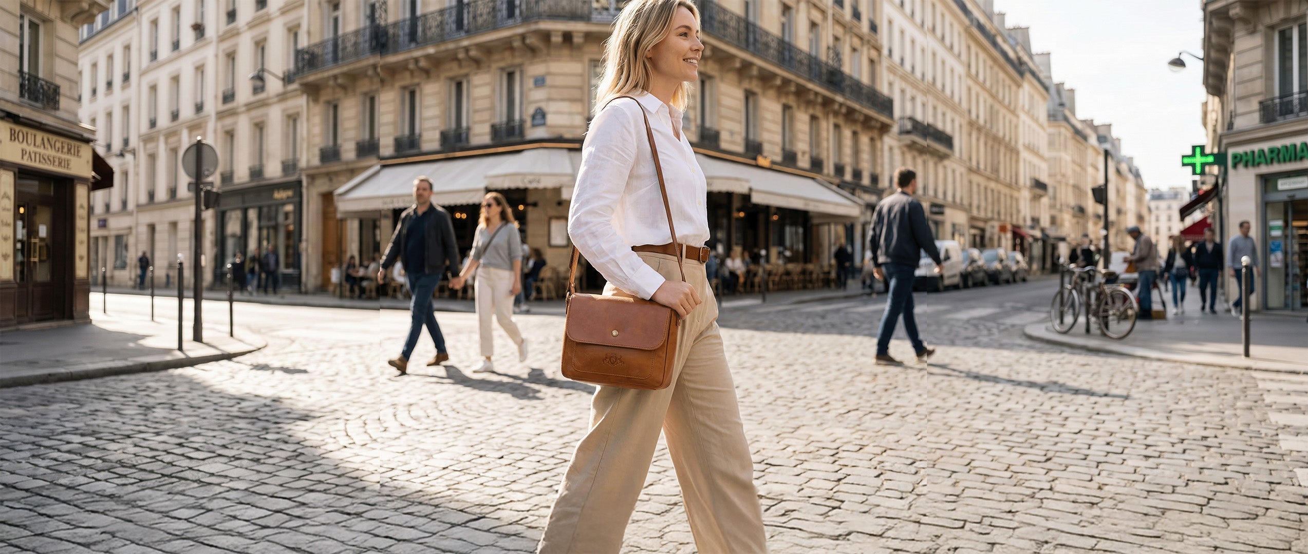 Schultertasche Leder an Frau in Frankreich