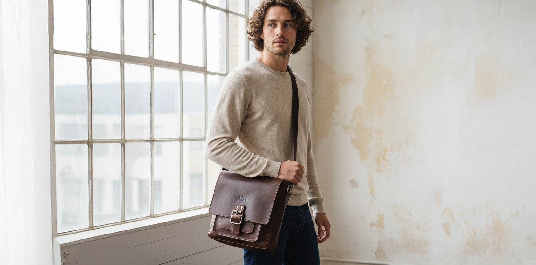 Herrentasche Umhängetasche aus Leder an Mann in Studio