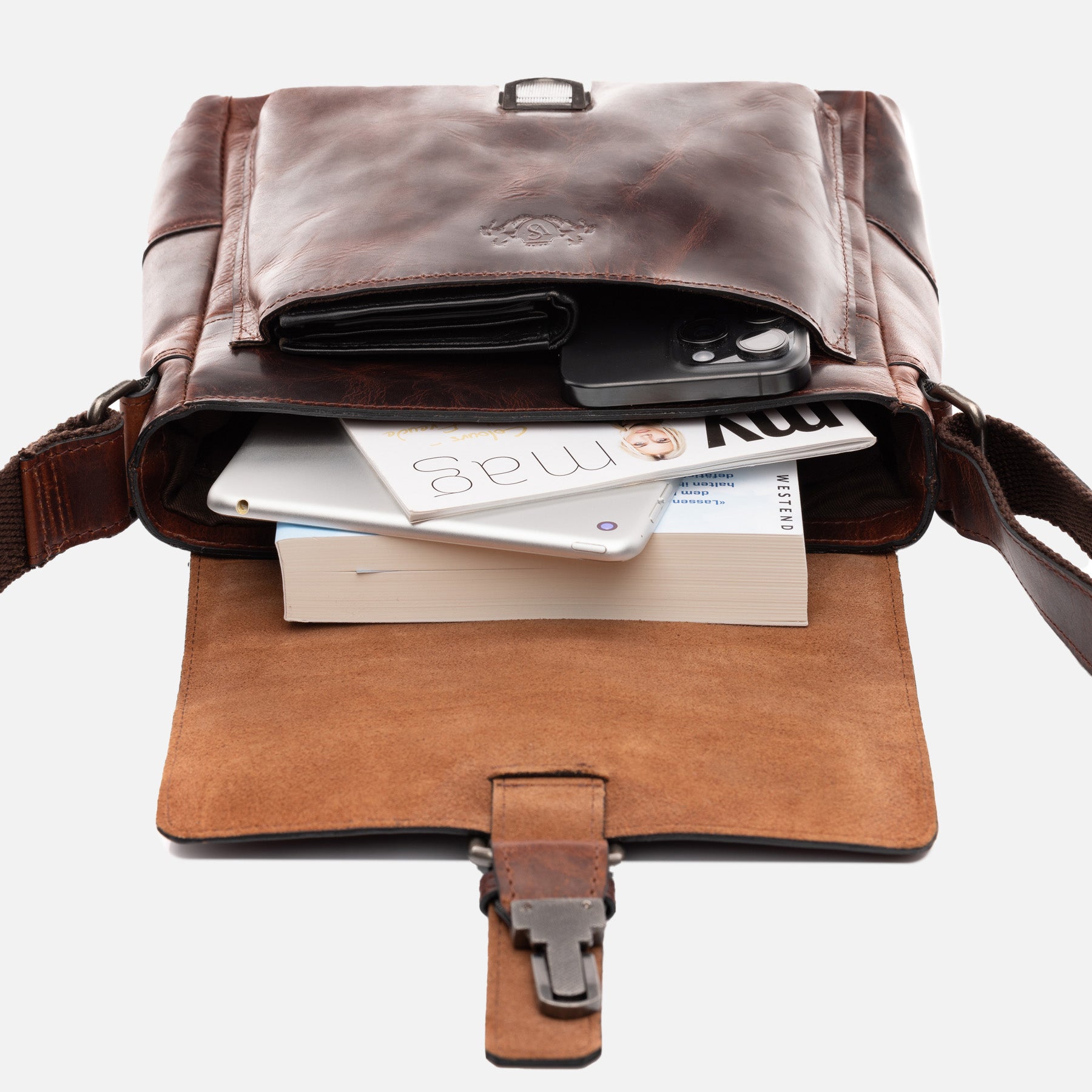 Schultertasche GRAHAM Natur-Leder braun