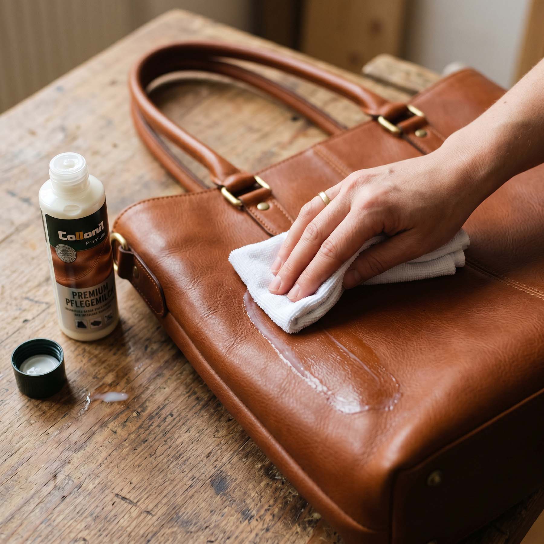 Pflegemilch Bild Ledertasche