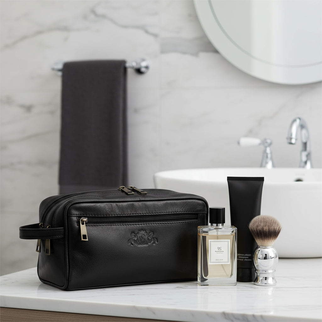 SID & VAIN Kulturbeutel Leder GATWICK schwarz in use