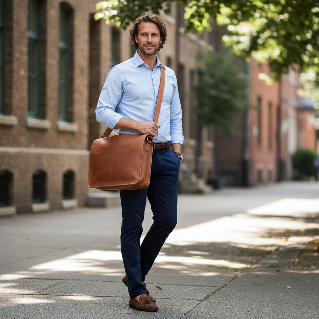 Messenger Bag Camden hellbraun in use