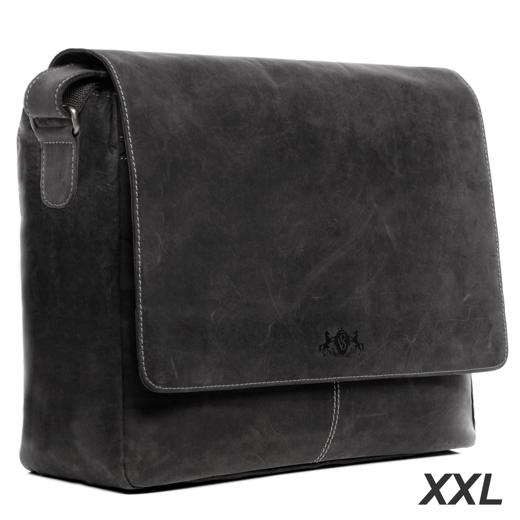 SID & VAIN Laptoptasche Leder Messenger Bag Leder XL SPENCER greyish-schwarz 15131
