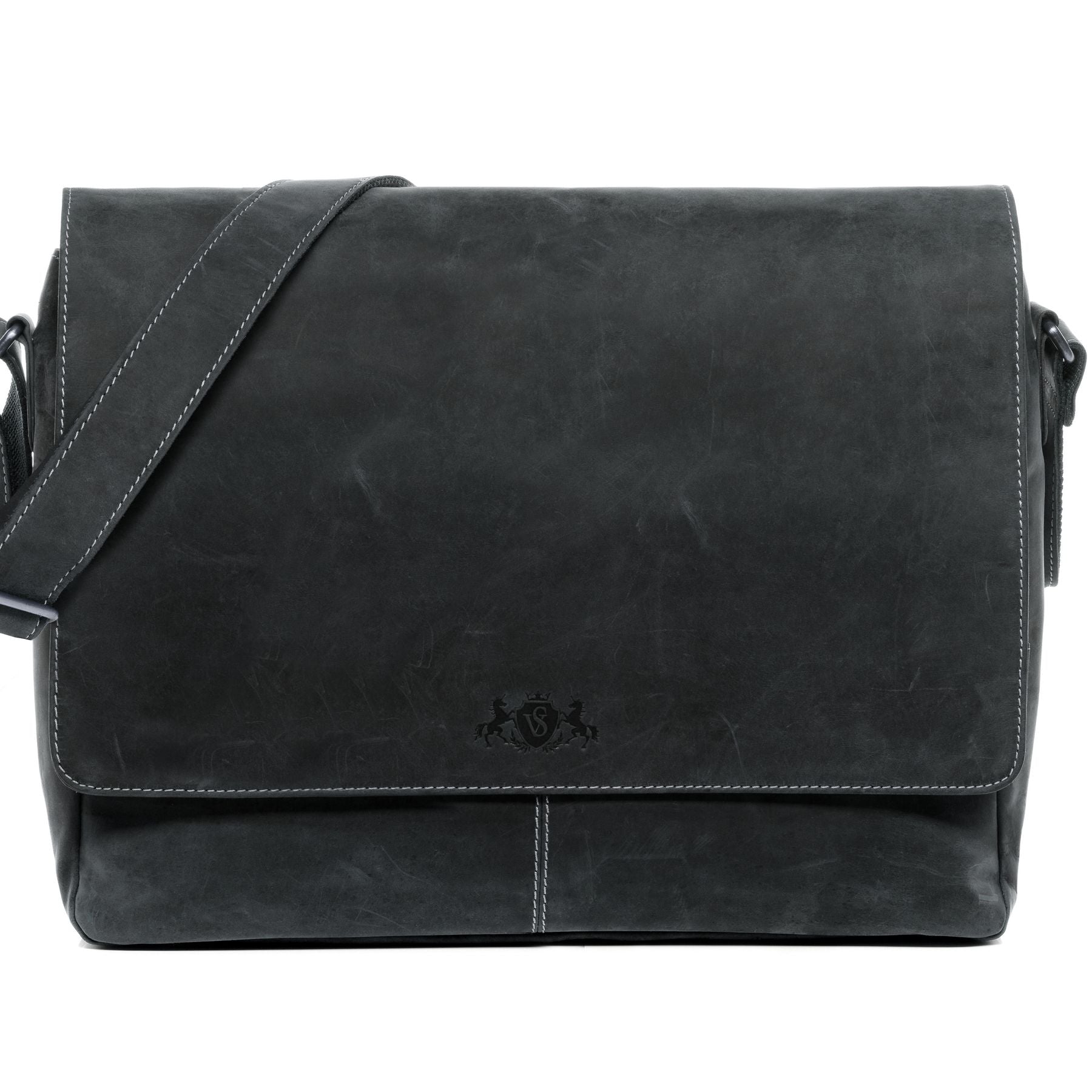 SID & VAIN Laptoptasche Leder Messenger Bag Leder XL SPENCER greyish-schwarz 15130