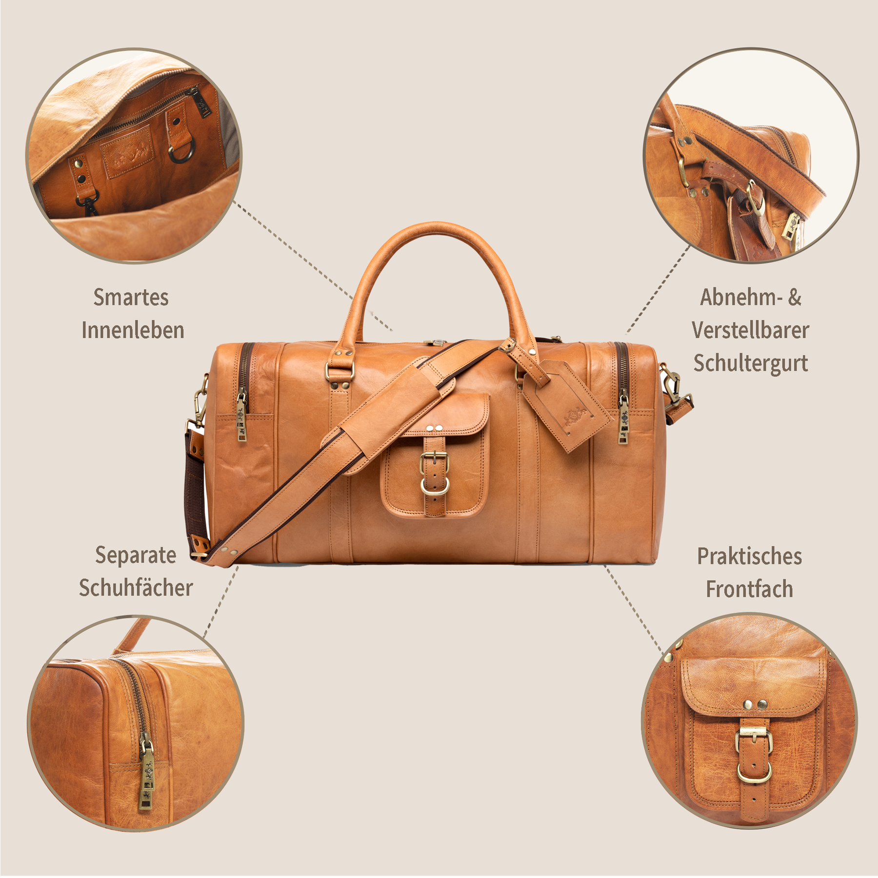 Reisetasche aus Ziegenleder in hellbraun mit extra Schuhfach, Außentaschen, smartes Innenleben und Abnehm- und Verstellbarer Schultergurt