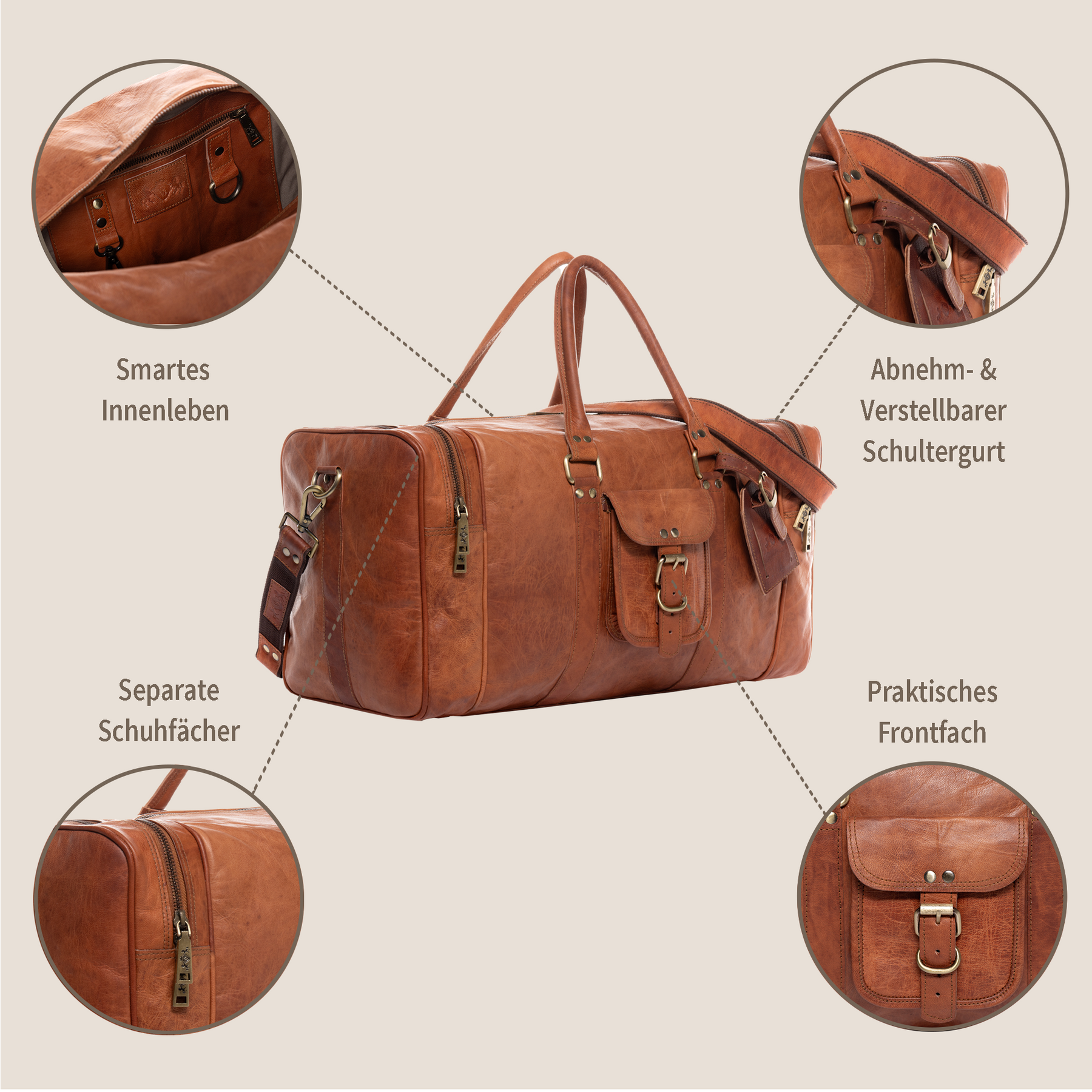 Reisetasche aus Ziegenleder in Kastanien braun mit extra Schuhfach, Außentaschen, smartes Innenleben und Abnehm- und Verstellbarer Schultergurt