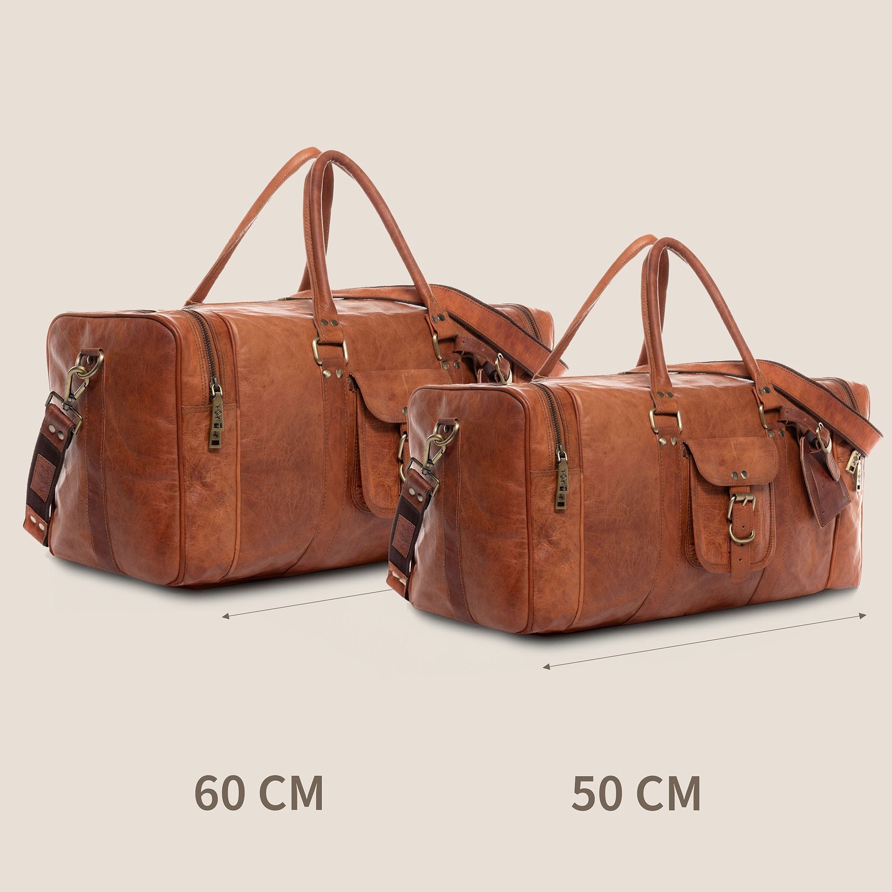 Reisetasche aus Ziegenleder Kastanien braun in zwei größen einmal 60 cm und einmal 50 cm