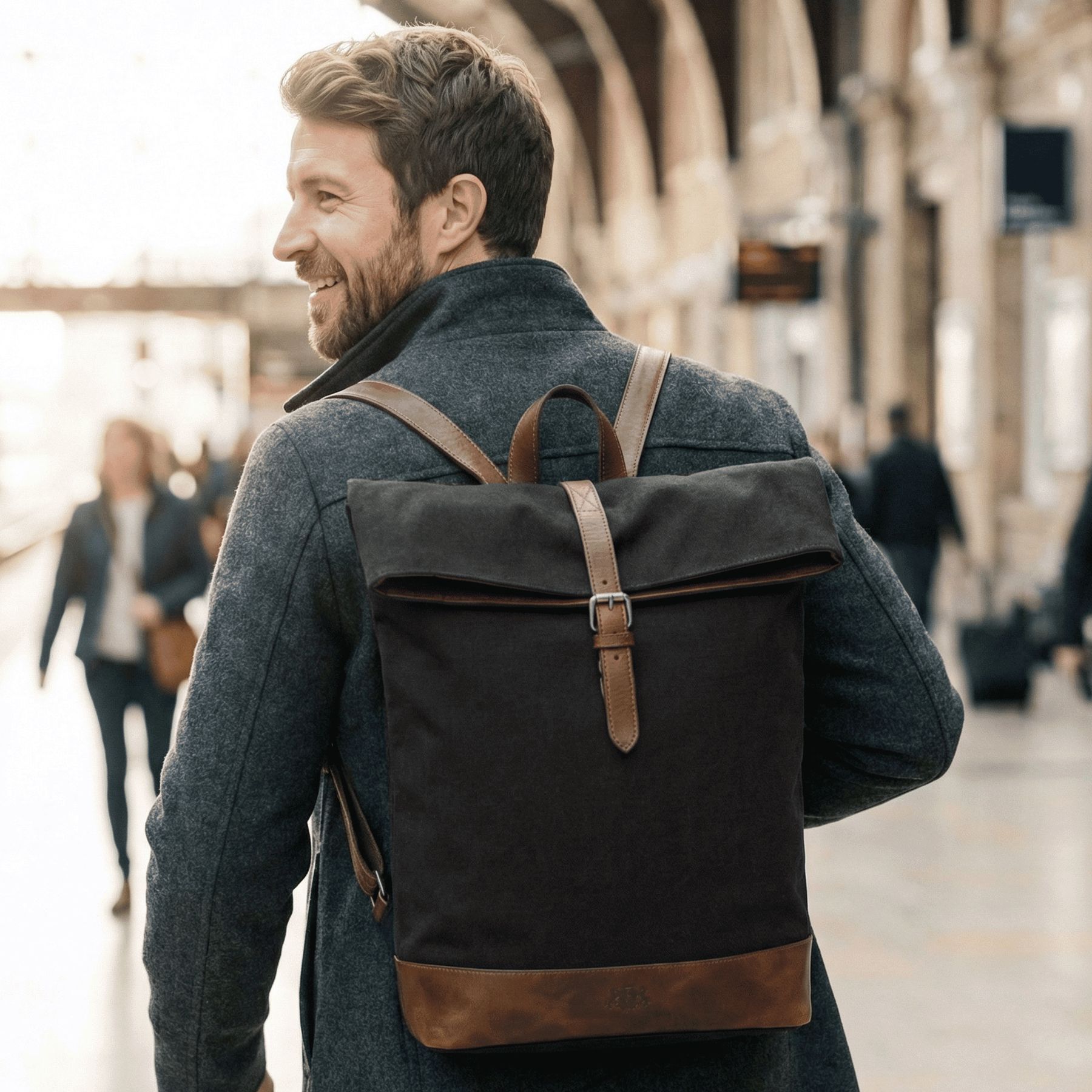 6493-SID & VAIN backpack-rolltop - L - H-93 - TATUM black-brown CANVAS-PULL-UP-inuse