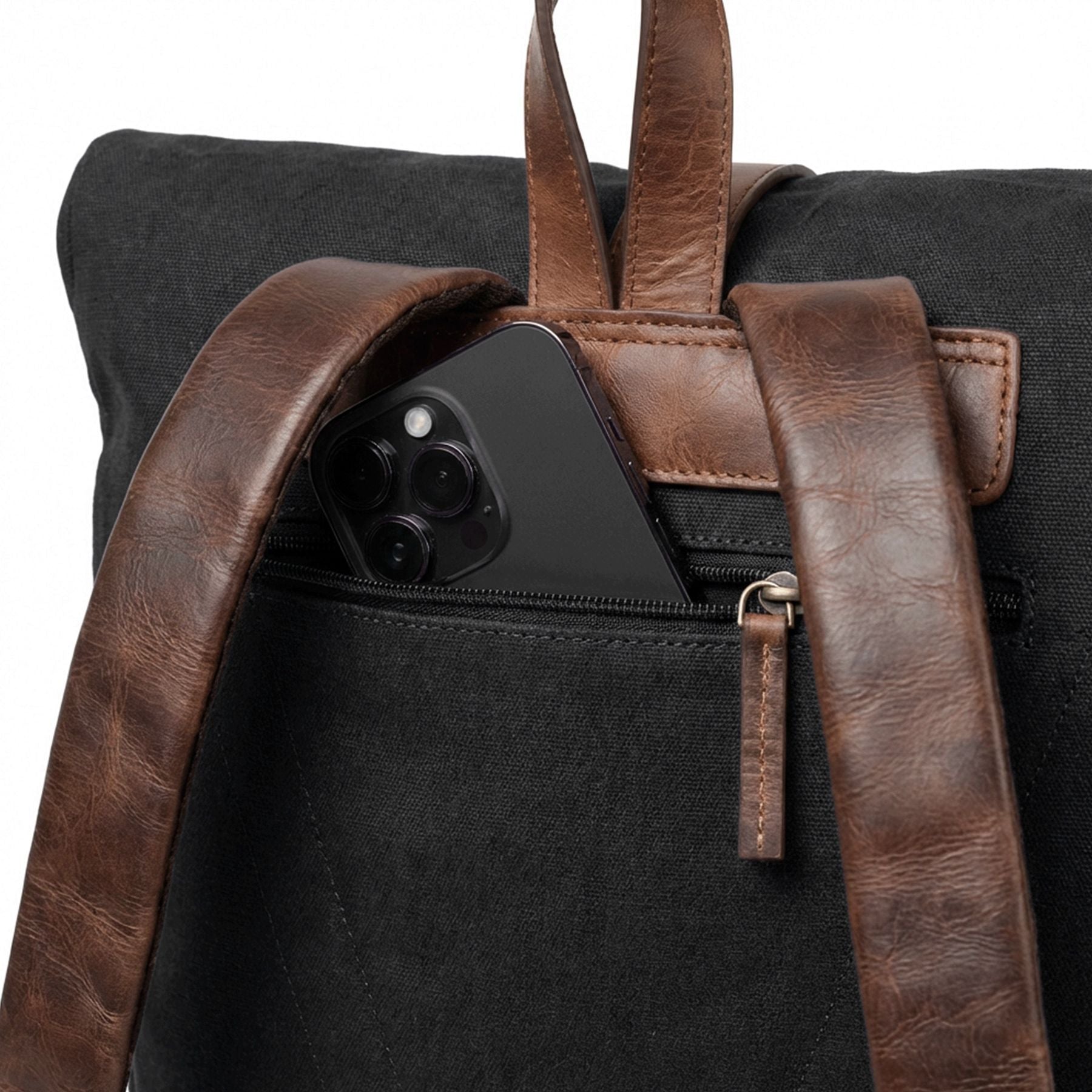 6493-SID & VAIN backpack-rolltop - L - H-93 - TATUM black-brown CANVAS-PULL-UP-Detail-3