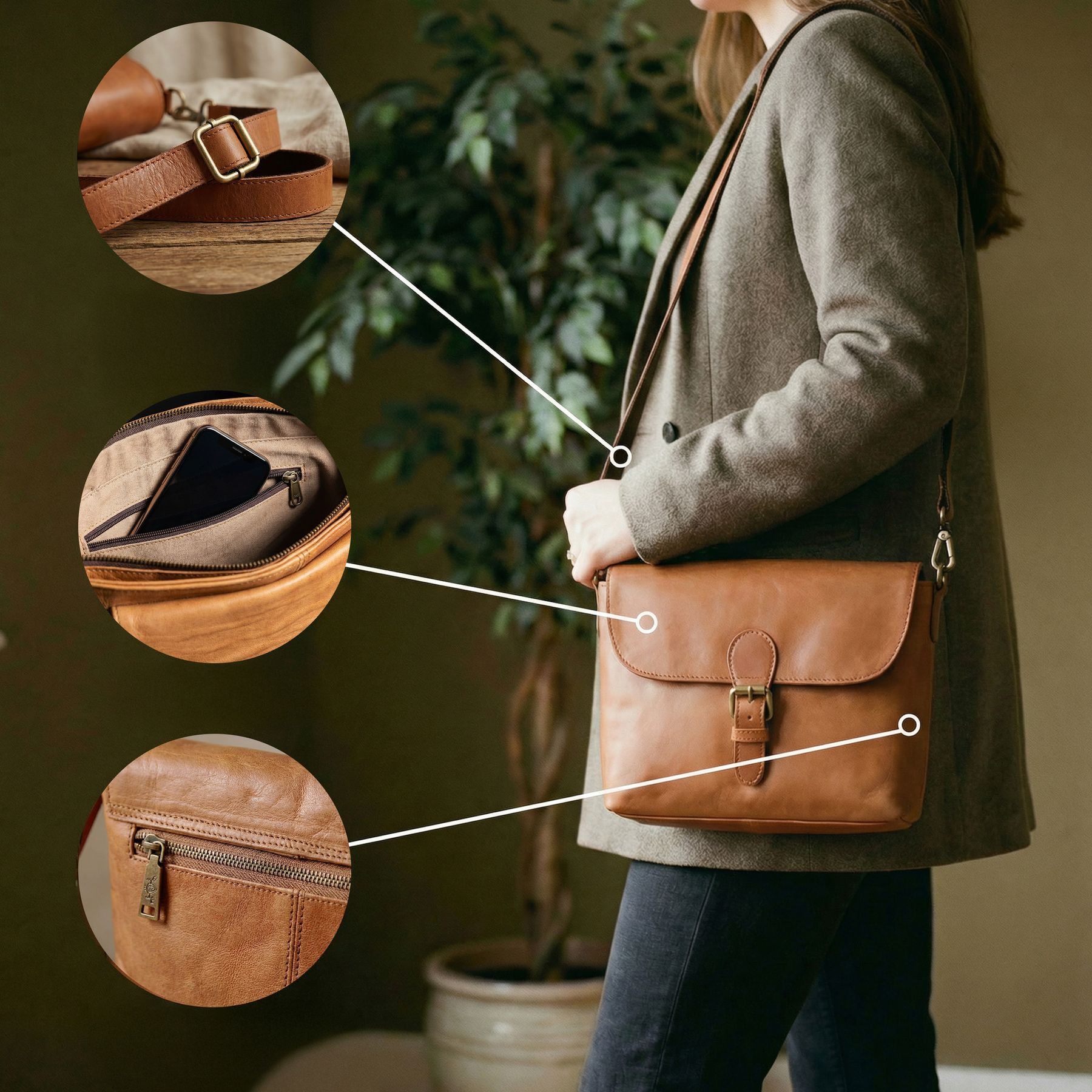 SID & VAIN Schultertasche YALE braun Features #farbe_Cognac