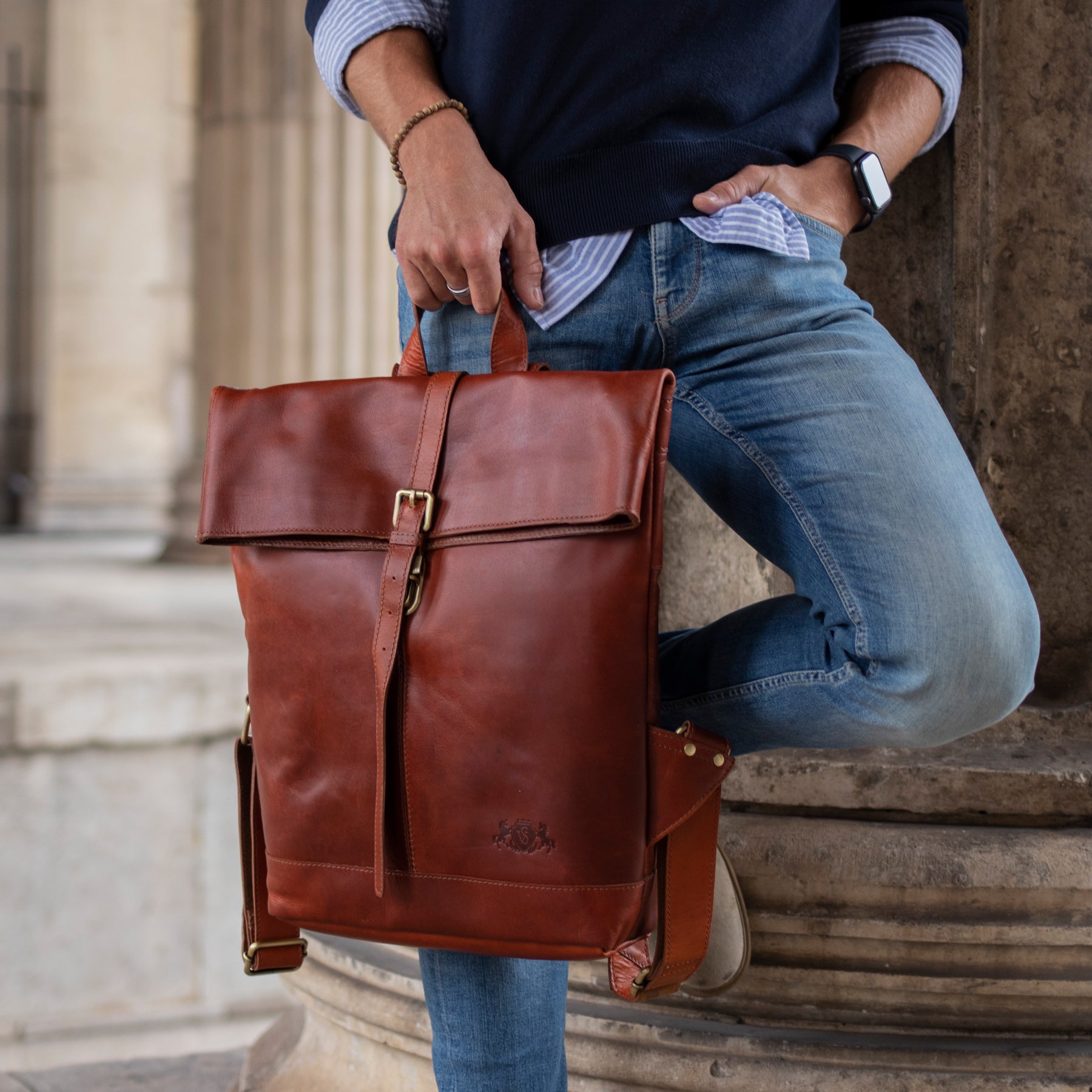 Rolltop backpack JAY smooth leather light brown