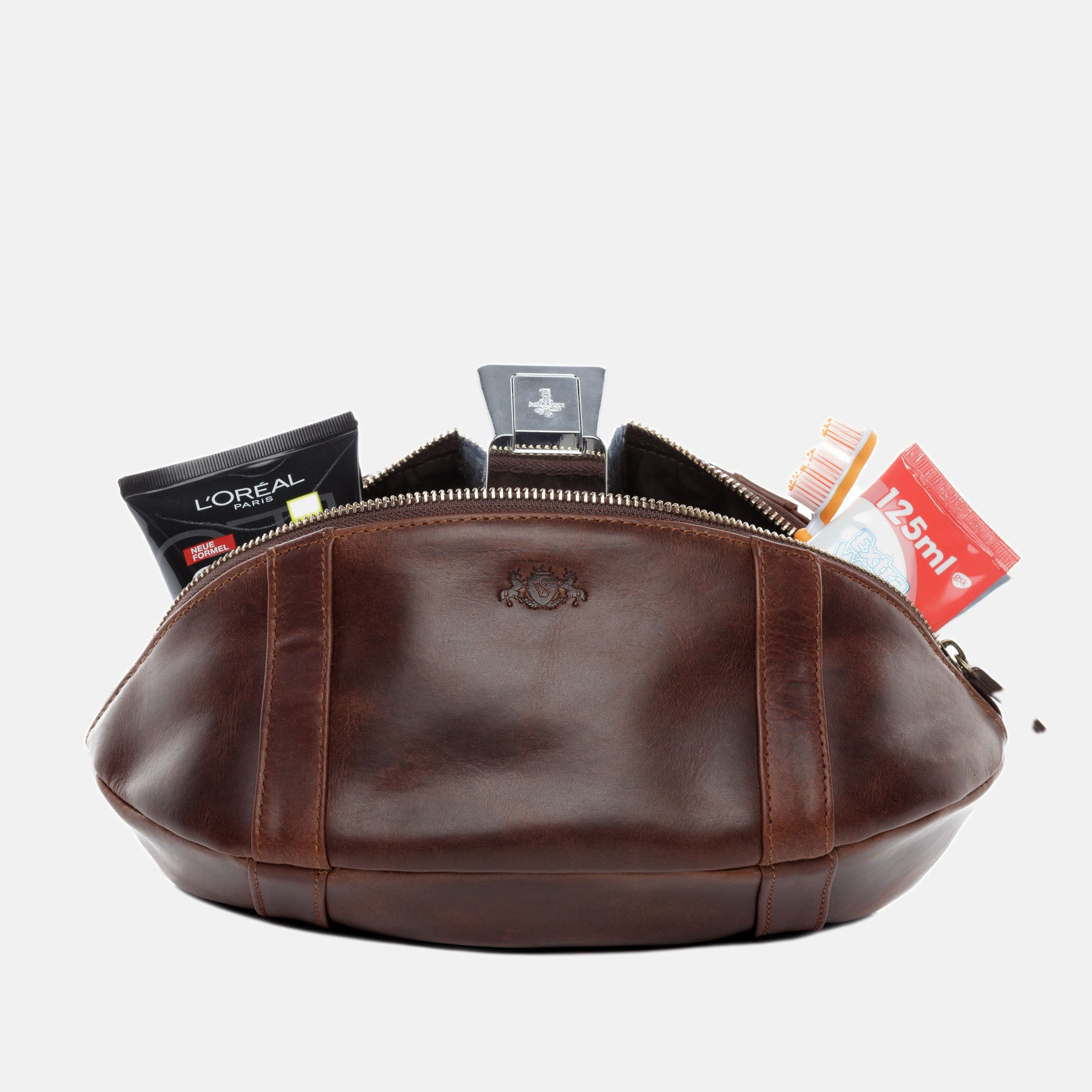 Football toilet bag ISAAC natural leather brown-cognac