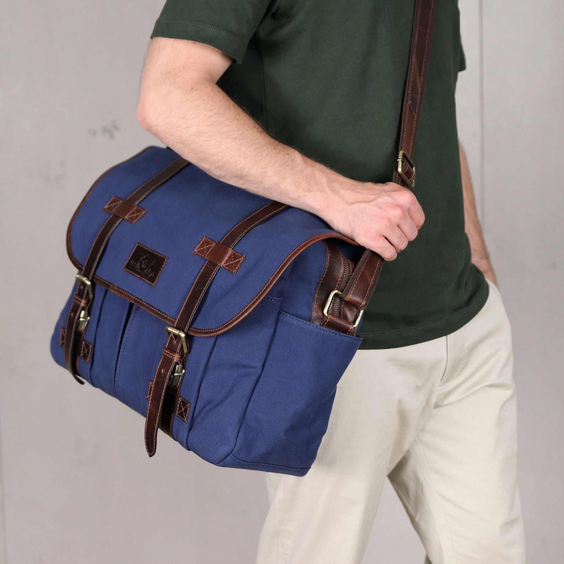 SID & VAIN Messenger bag CHASE Canvas&Leder blau-braun Laptoptasche Messenger bag