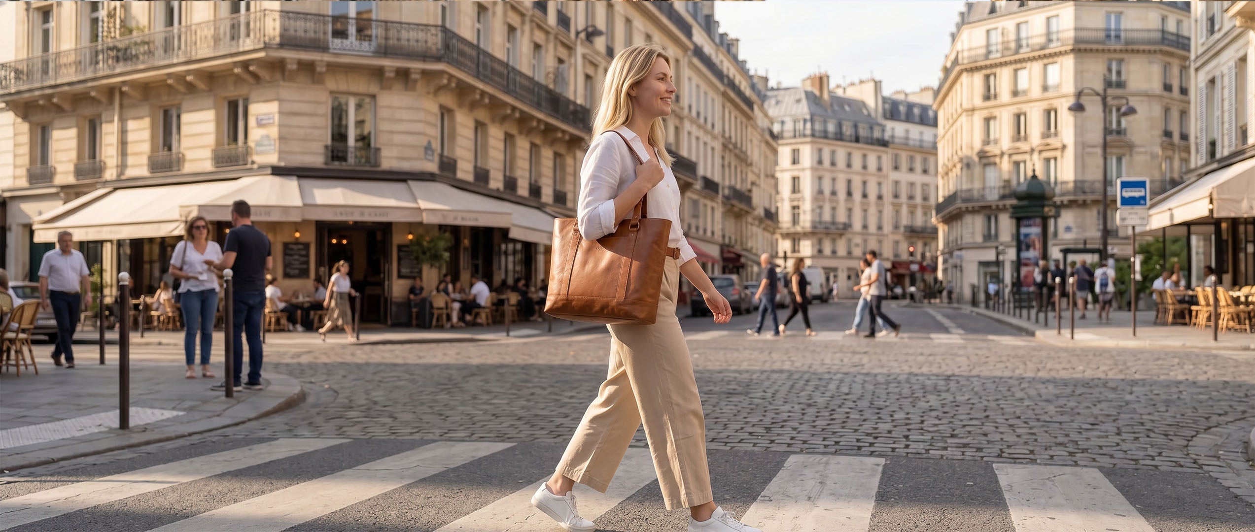 Handtasche Shopper aus Leder auf Schulter von Frau in Frankreich