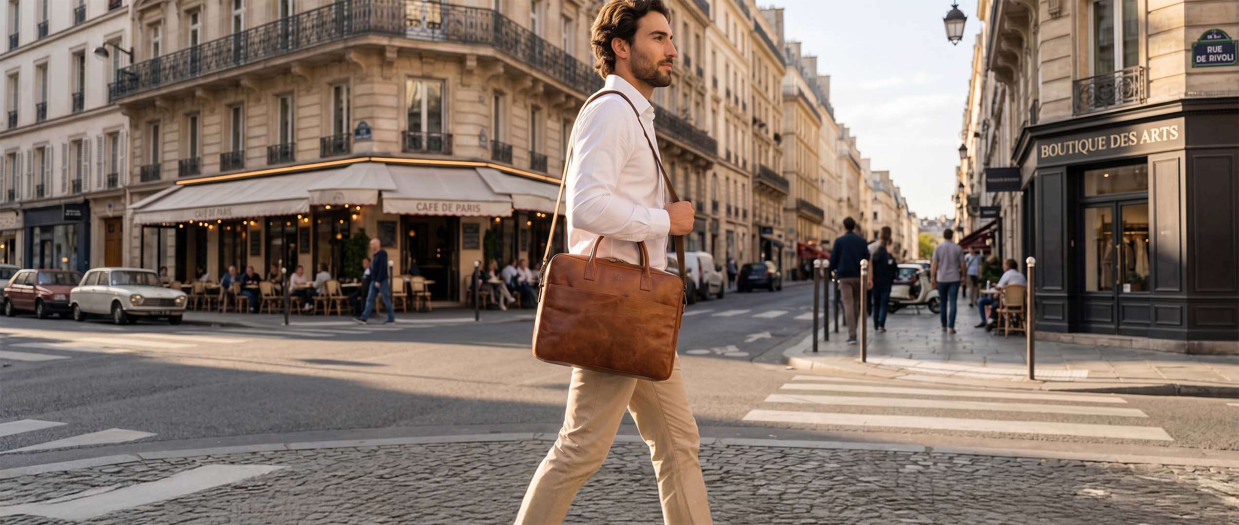 Laptoptasche Ziegenleder hell an Mann in Frankreich