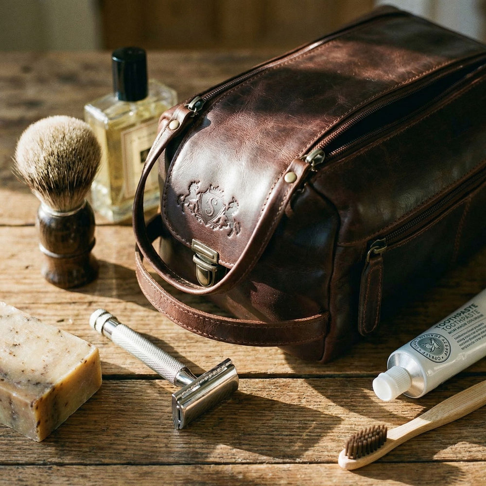 Wash bag BRISTOL natural leather brown-cognac