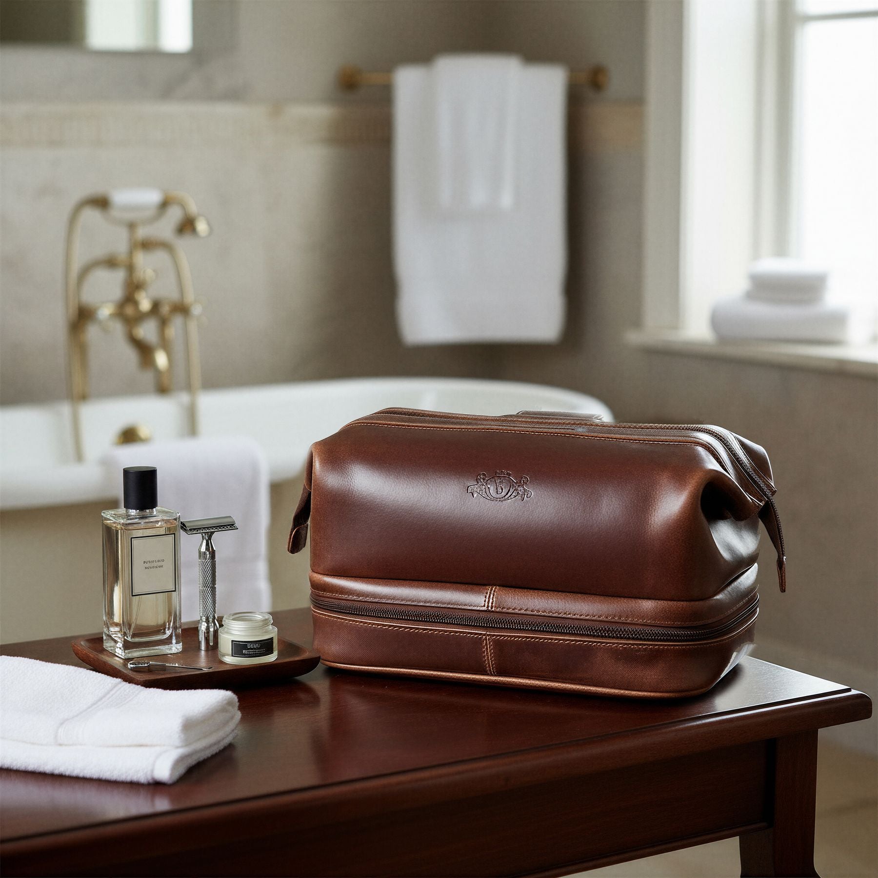 Toilet bag NOTTINGHAM natural leather brown-cognac