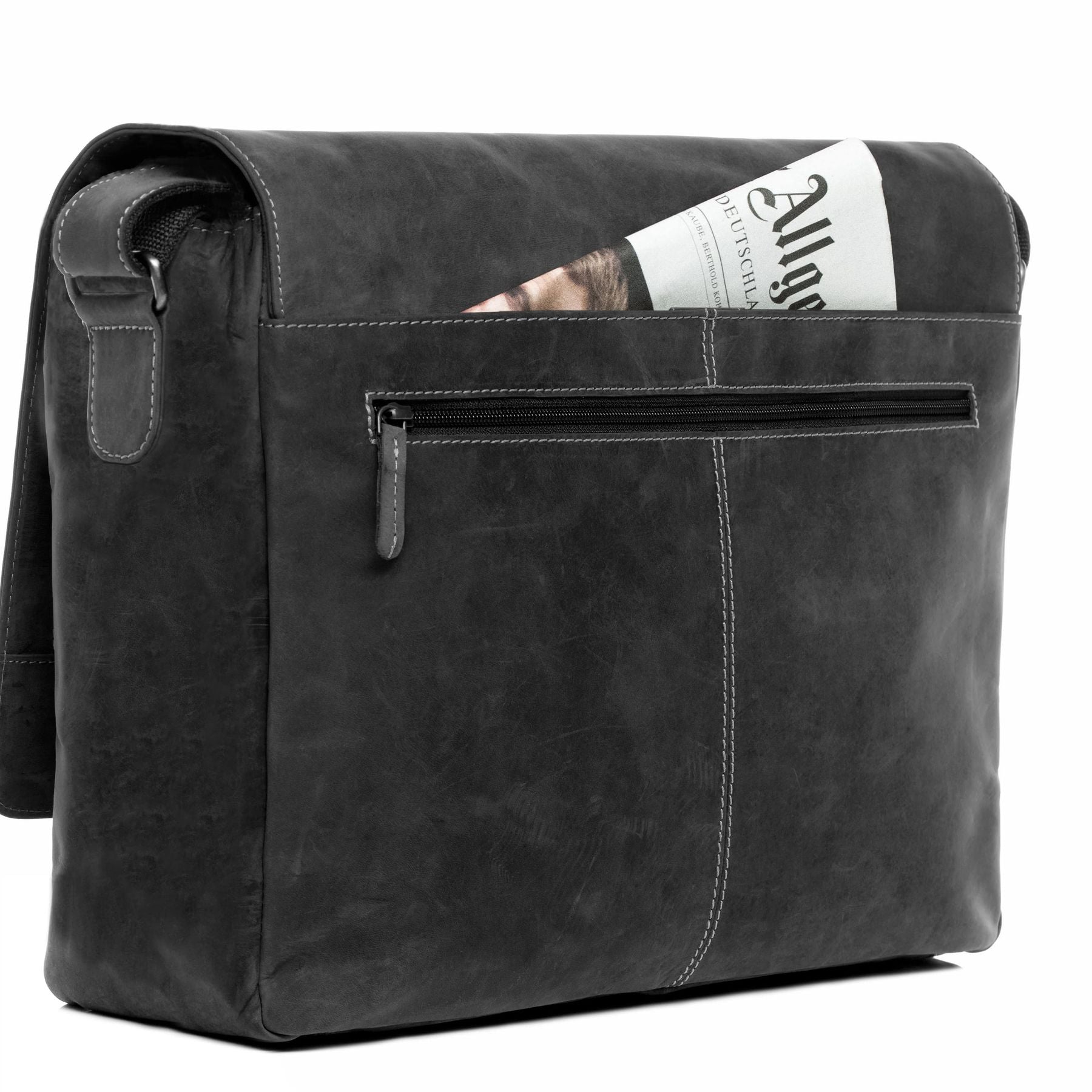 SID & VAIN Laptoptasche Leder Messenger Bag Leder XL SPENCER greyish-schwarz 15866