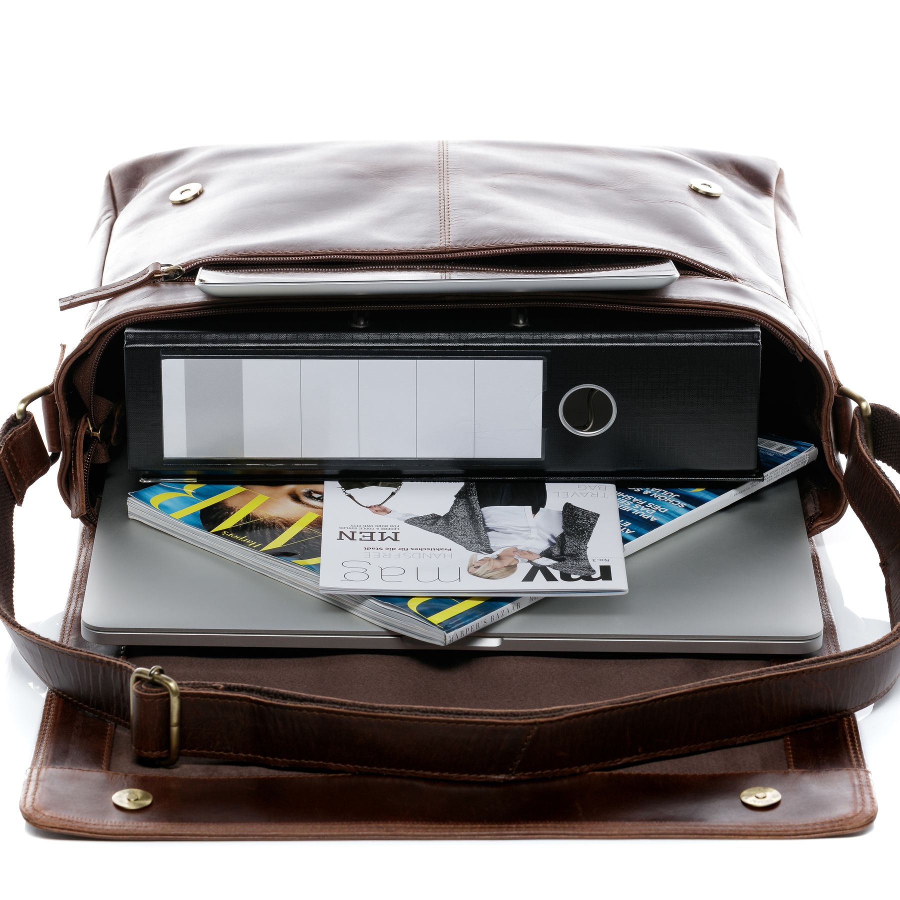 SID & VAIN Laptoptasche Leder Messenger Bag Leder XL SPENCER braun-cognac 16104