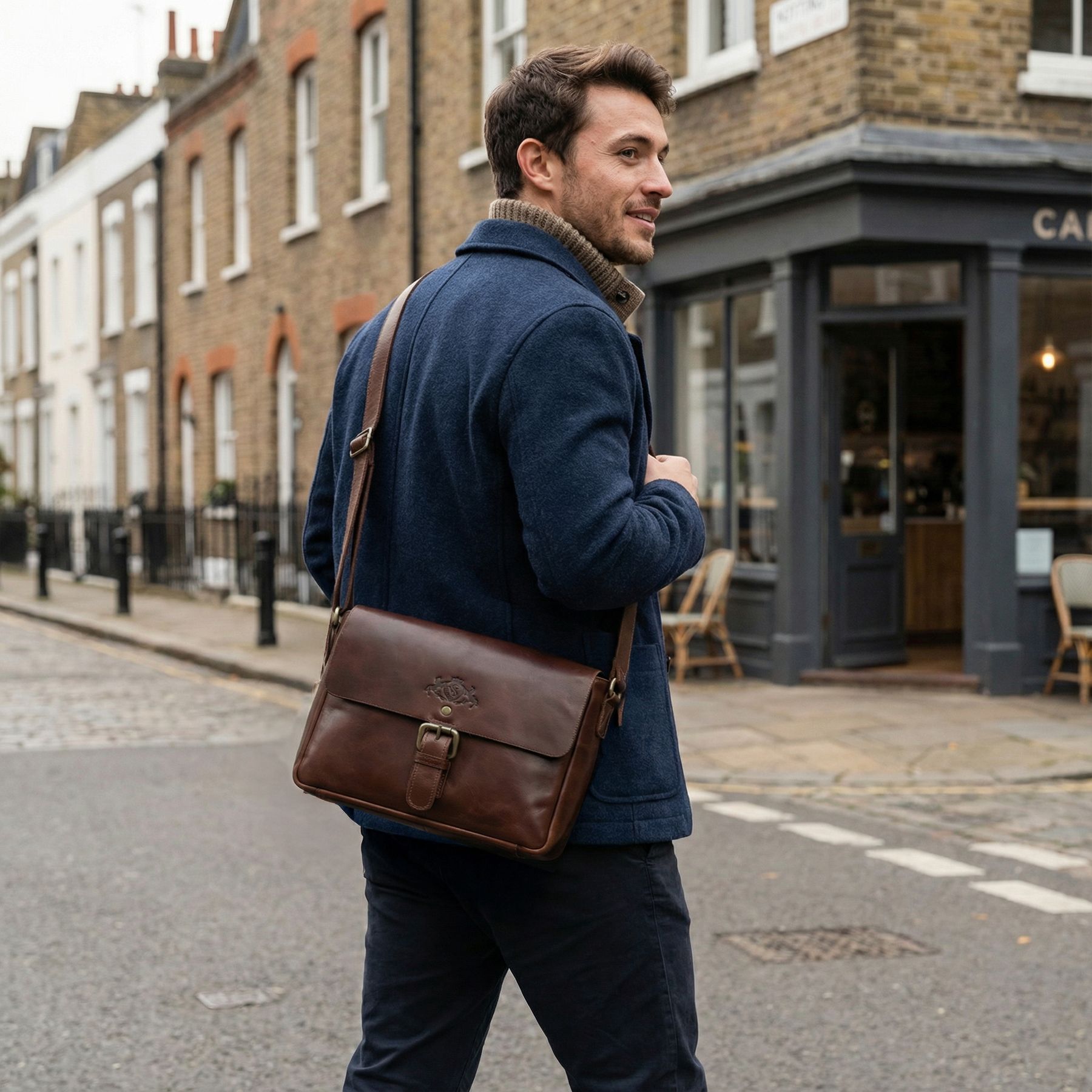 Attraktiver Mann mit Umhängetasche Yale Messenger 