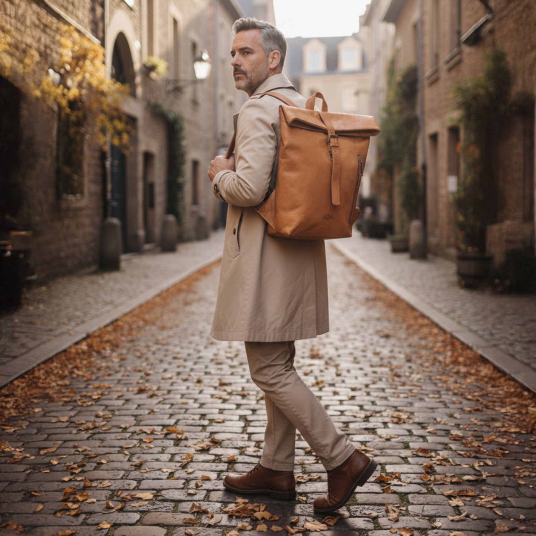 Rolltop Rucksack BRODY Glattleder hellbraun