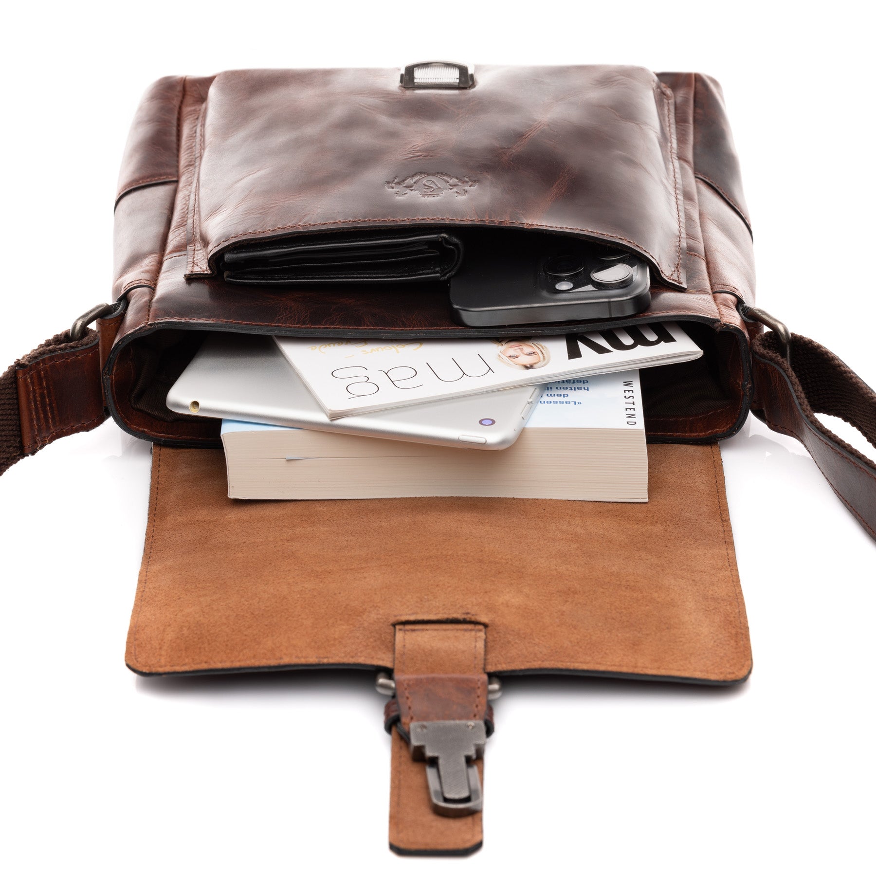 Schultertasche GRAHAM Natur-Leder braun