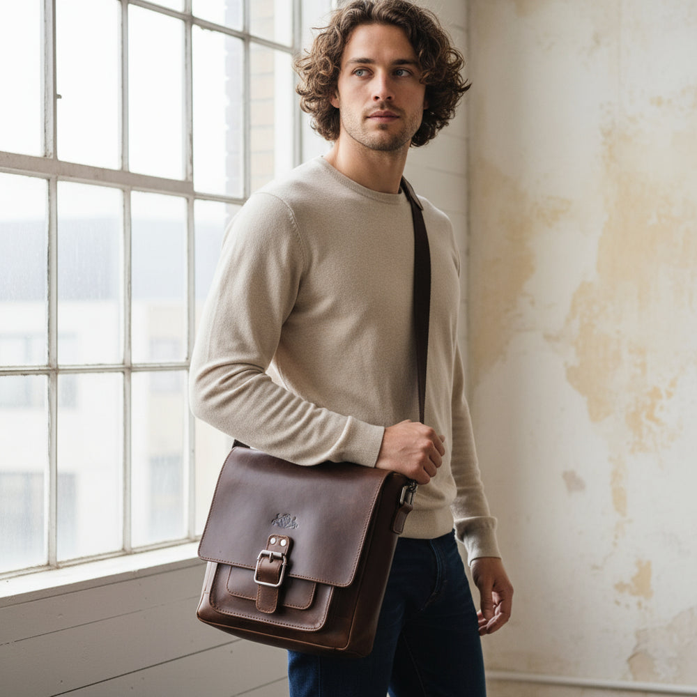 Schultertasche STOKED Natur-Leder braun