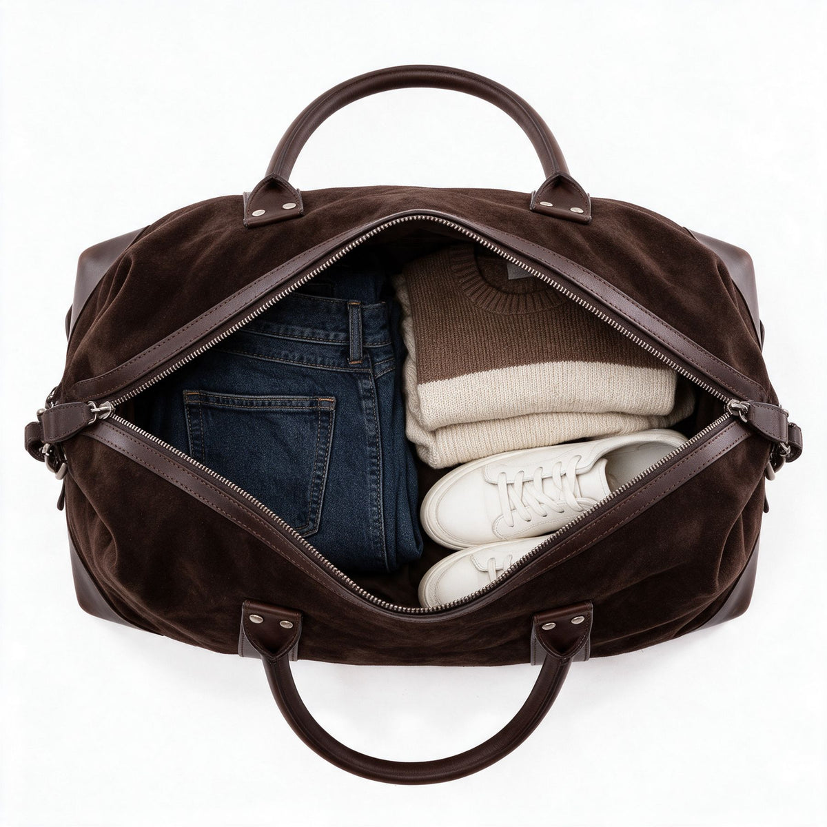 Wildleder Reisetasche Lennox braun gepackt