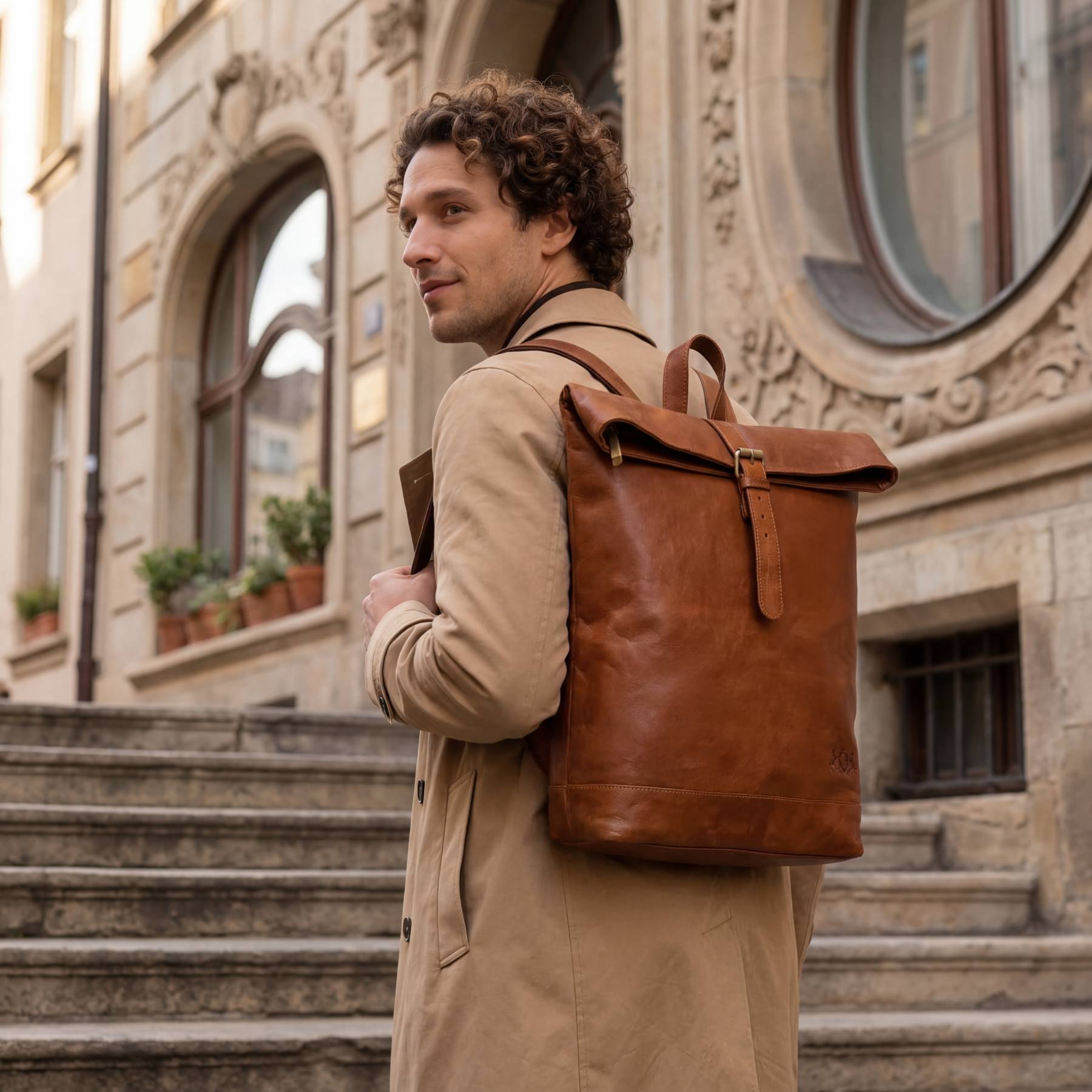 Mann stehend mit braunem Lederrucksack