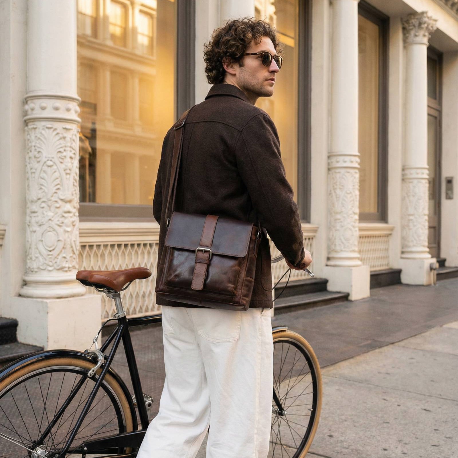 Mann stehend mit Umhängetasche und Fahrrad