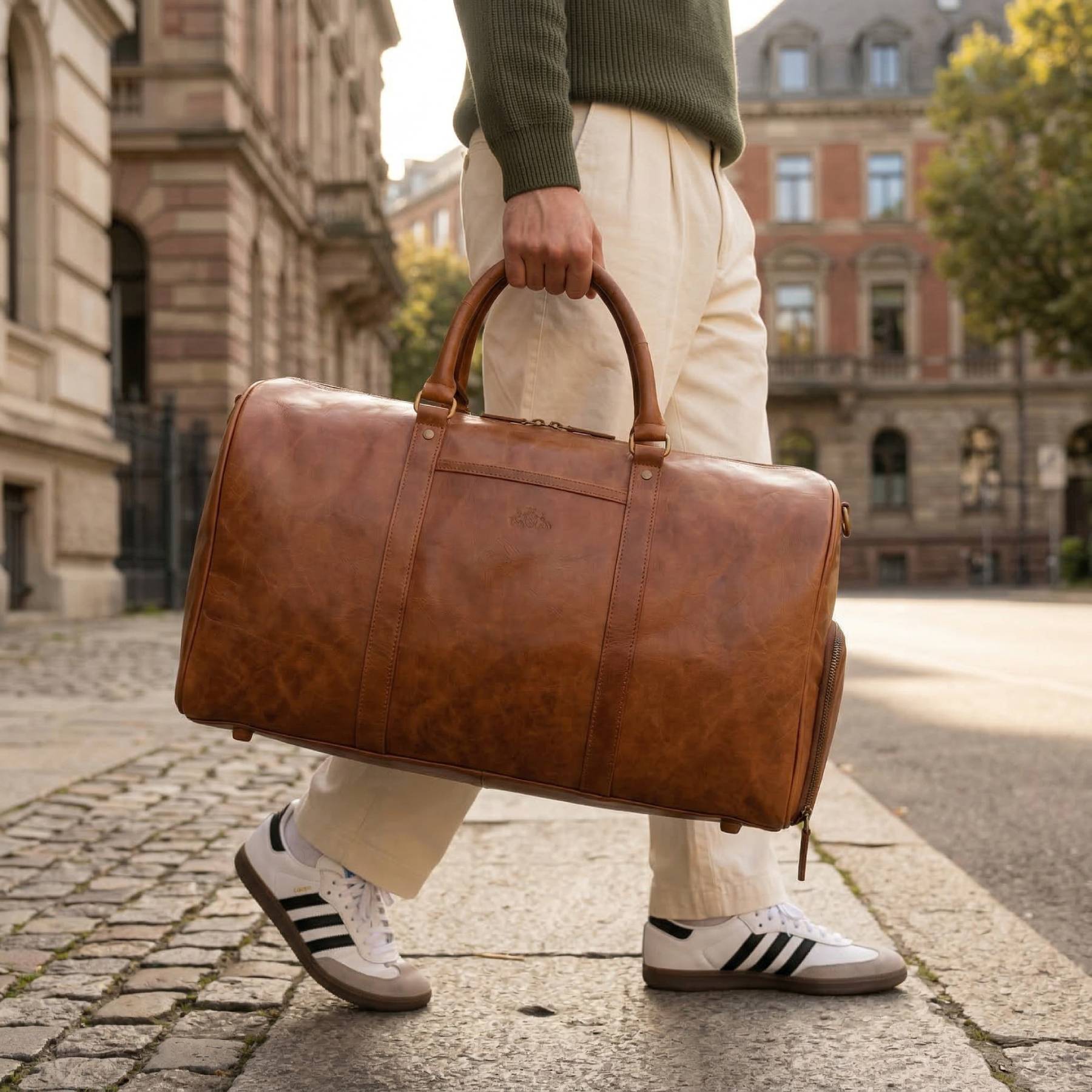 Mann gehend mit großer Leder-Reisetasche