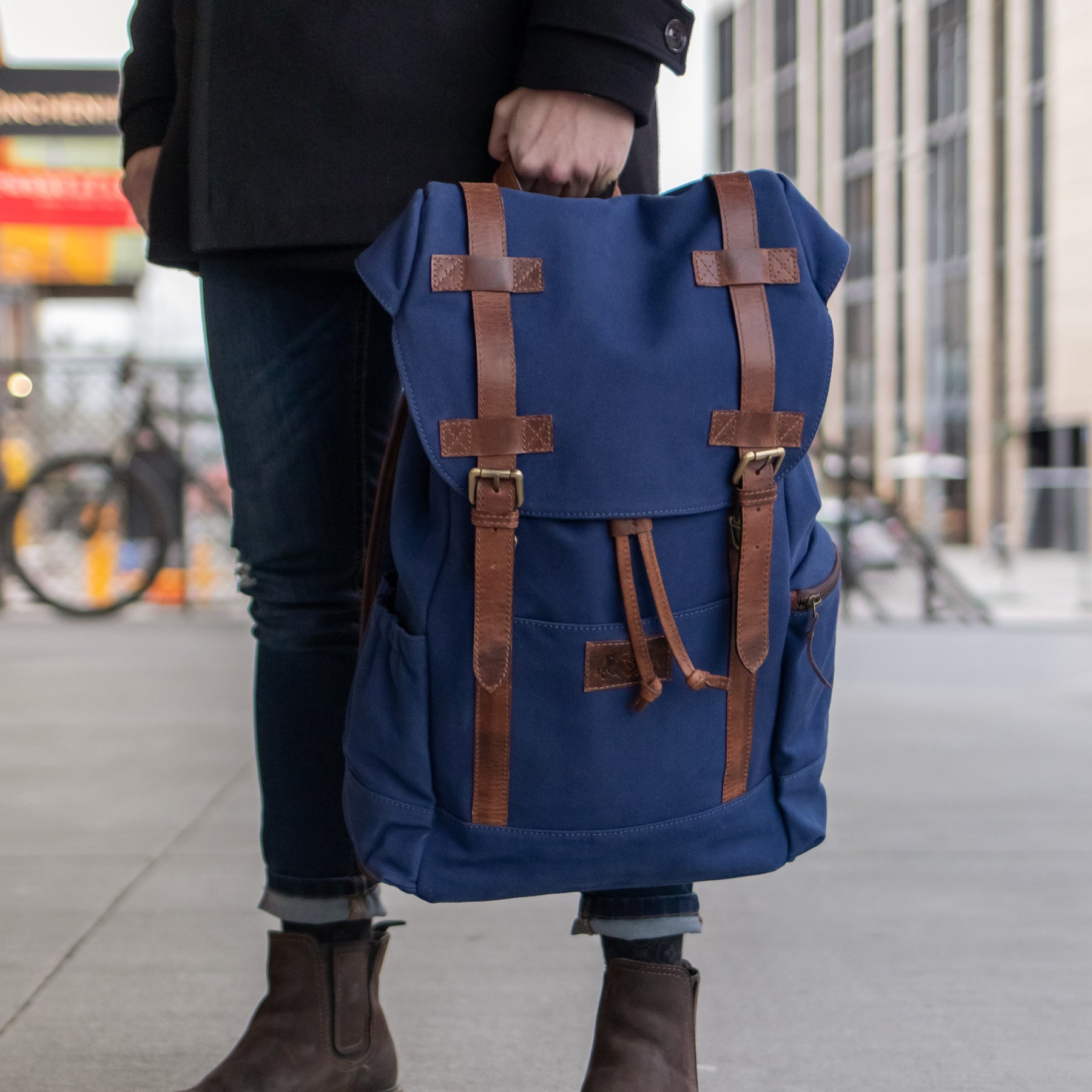 Hiking backpack CHASE Canvas&Leather blue-brown