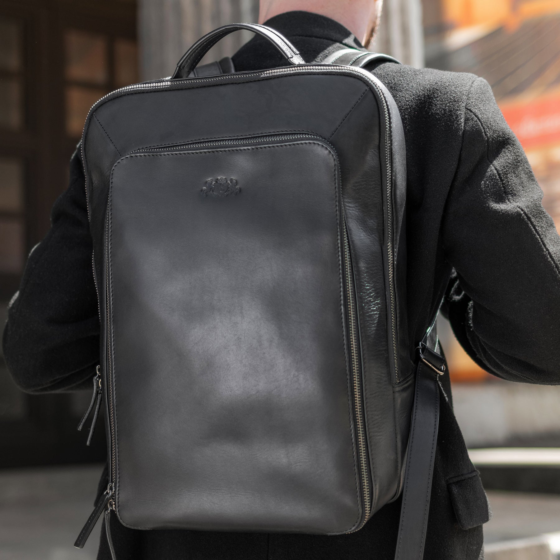 Large black leather backpack sale