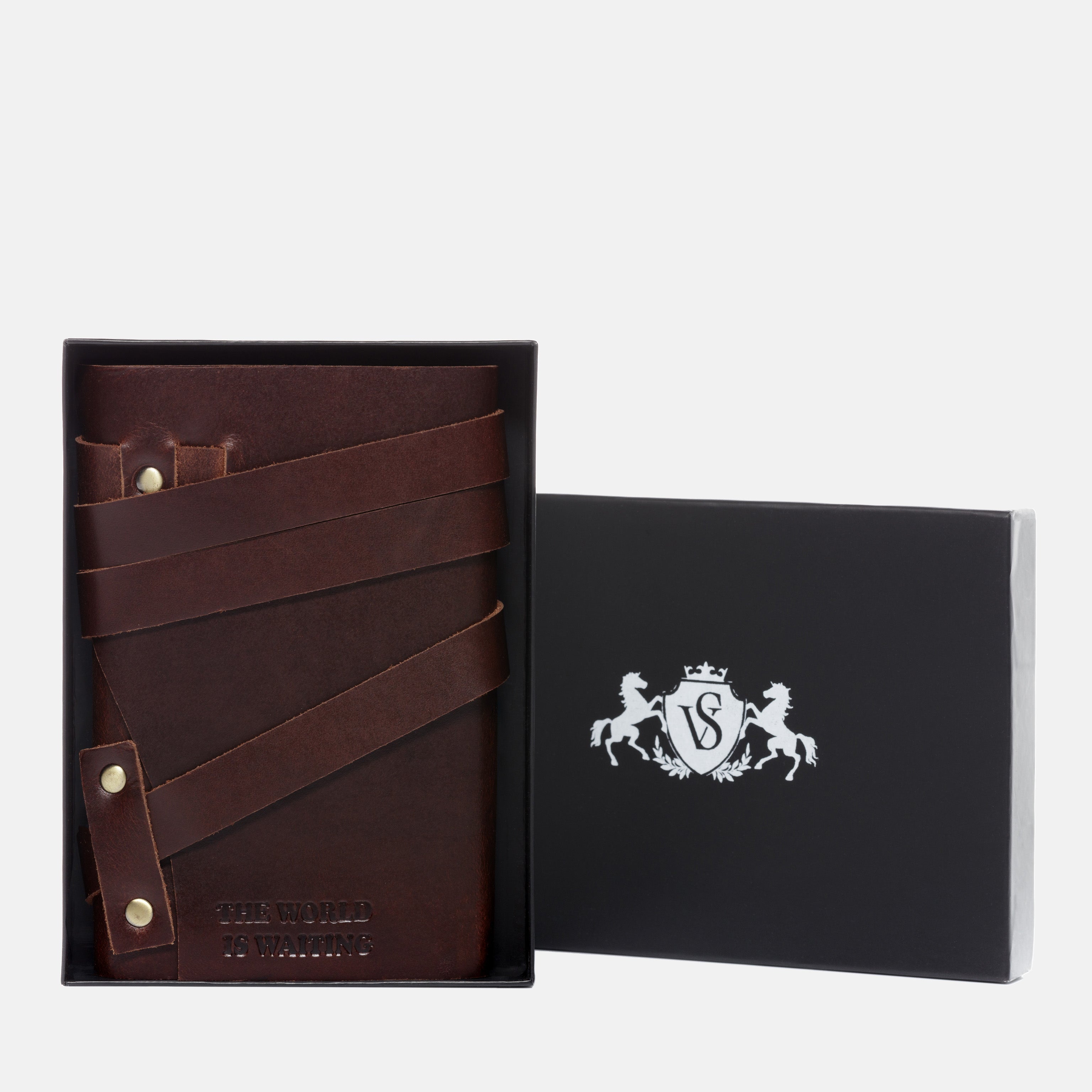 Notebook WORLD IS WAITING natural leather brown-cognac