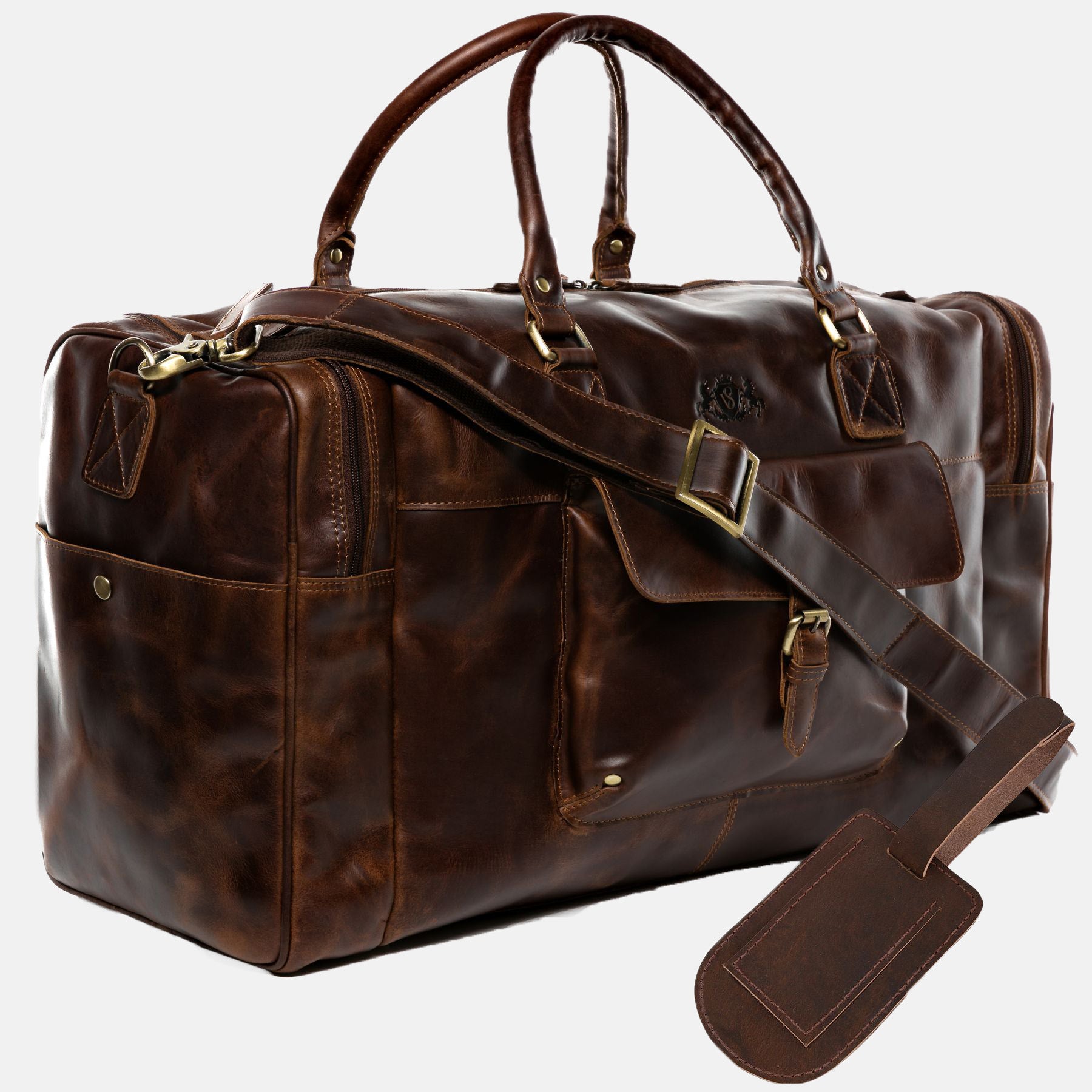 Travel bag with address tag YALE natural leather brown-cognac